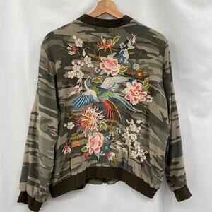 Johnny Was M Camo Silk Embroidered Bomber Jacket